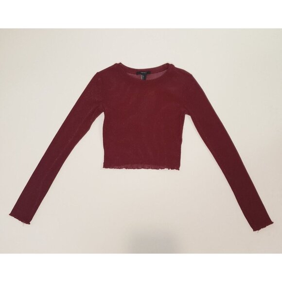 FOREVER 21 Women’s Size Small Mesh Crop Top Red Wine & Gold Shimmer Long Sleeve - Picture 12 of 16